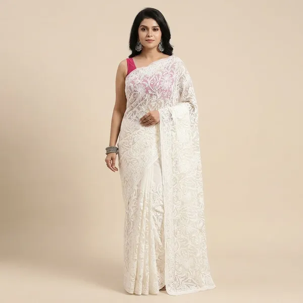 White_Chikankari_Saree_With_Jaal_Hand_Embroidery