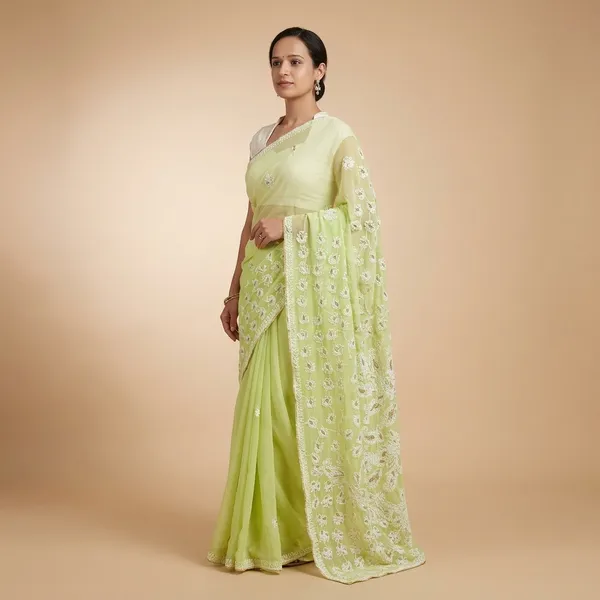 Pista_Green_Lime_Green_Chikankari_Saree_With_Gotapatti