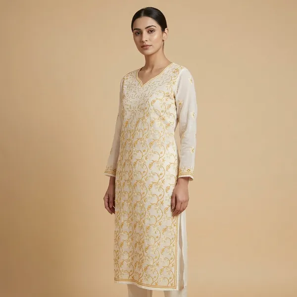 Yellow_Chikankari_Cotton_Kurta_Piece_With_Applique_Work