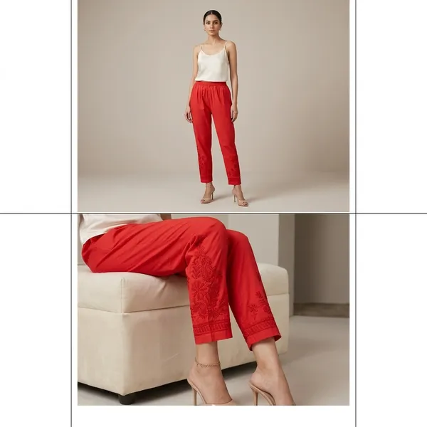 Red_Chikankari_Cotton_Pant_With_Hand_Embroidery