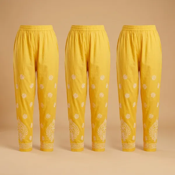 Yellow_Chikankari_Cotton_Pant_With_Hand_Embroidery