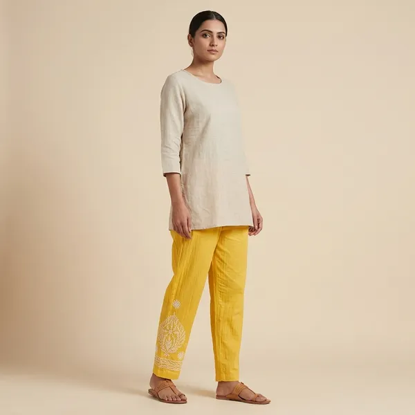 Yellow_Chikankari_Cotton_Pant_With_Hand_Embroidery