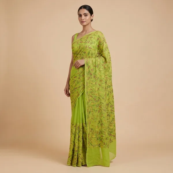 Green_Chikankari_Saree_With_Multicolour_Embroidery