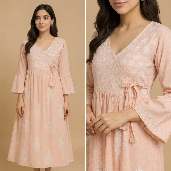 Pink_Peach_Printed_Rayon_Chikankari_Angrakha_Kurta