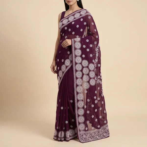 Wine_Chikankari_Saree_With_Hand_Embroidery