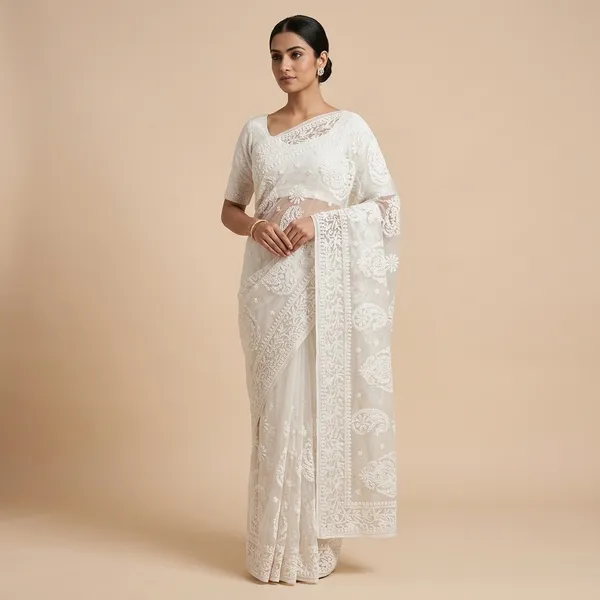 White_Chikankari_Saree_With_Hand_Embroidery