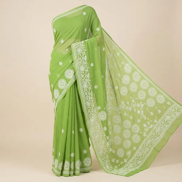 Green_Chikankari_Saree_With_Hand_Embroidery
