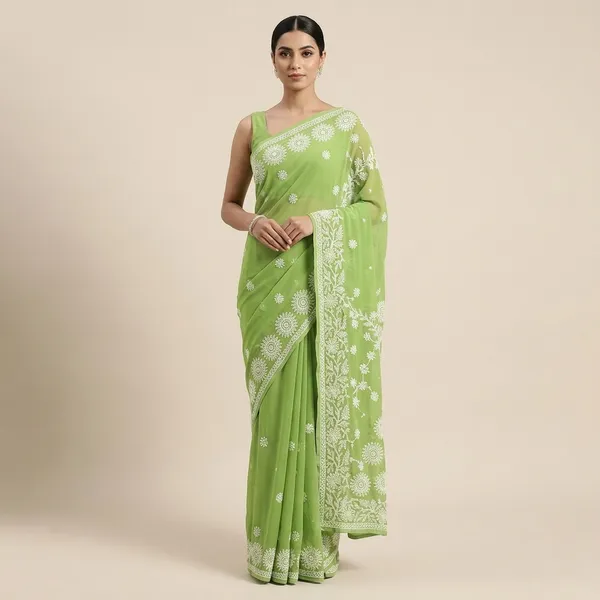 Green_Chikankari_Saree_With_Hand_Embroidery