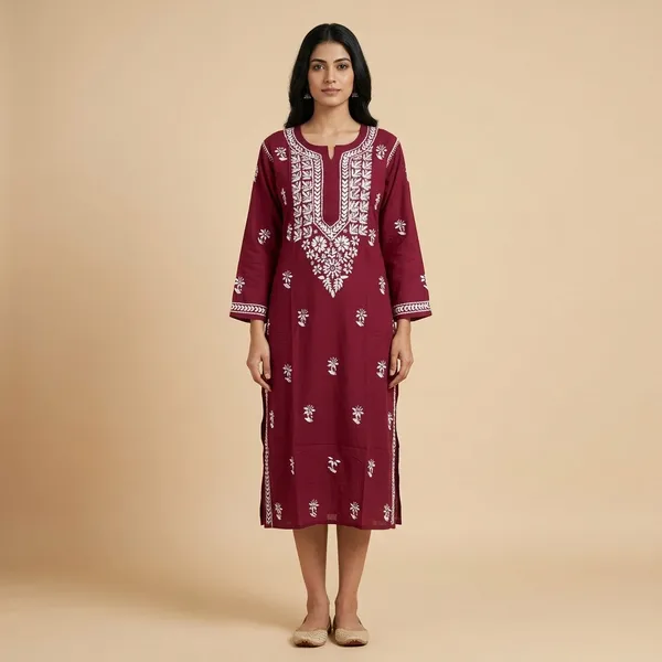Maroon_Modal_Cotton_Chikankari_Kurta