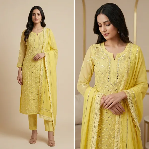Yellow_Partywear_Chikankari_Kurta_Sharara_Set_With_Mirror_Work