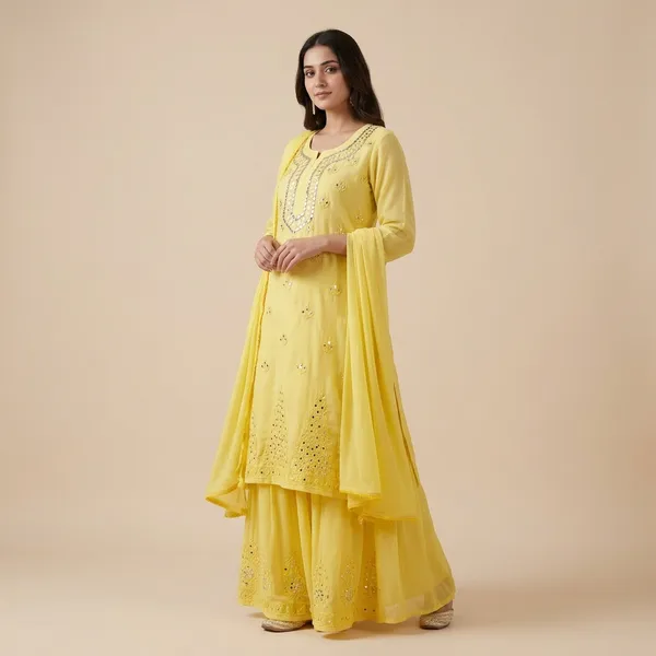 Yellow_Partywear_Chikankari_Kurta_Sharara_Set_With_Mirror_Work