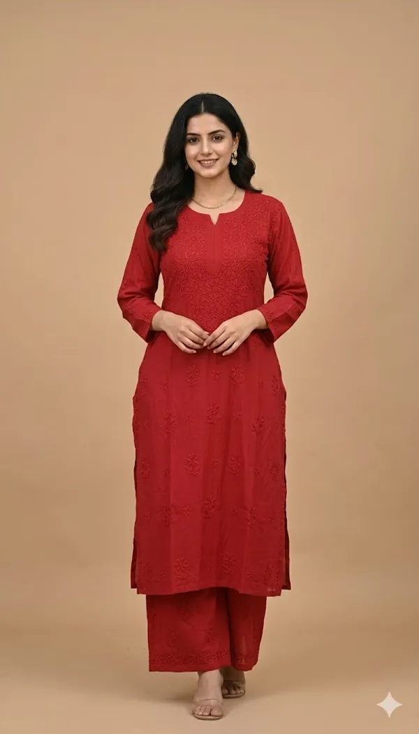 Red_Chanderi_Kurta_Palazzo_Set_With_Chikankari_Hand_Embroidery