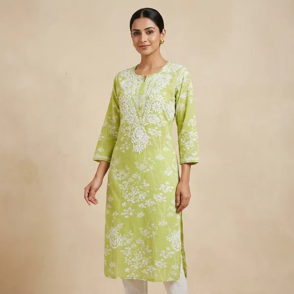 Green_Cotton_Floral_Chikankari_Embroidered_Straight_Kurta_For_Women