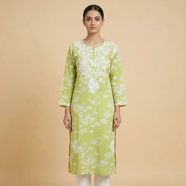Green_Cotton_Floral_Chikankari_Embroidered_Straight_Kurta_For_Women