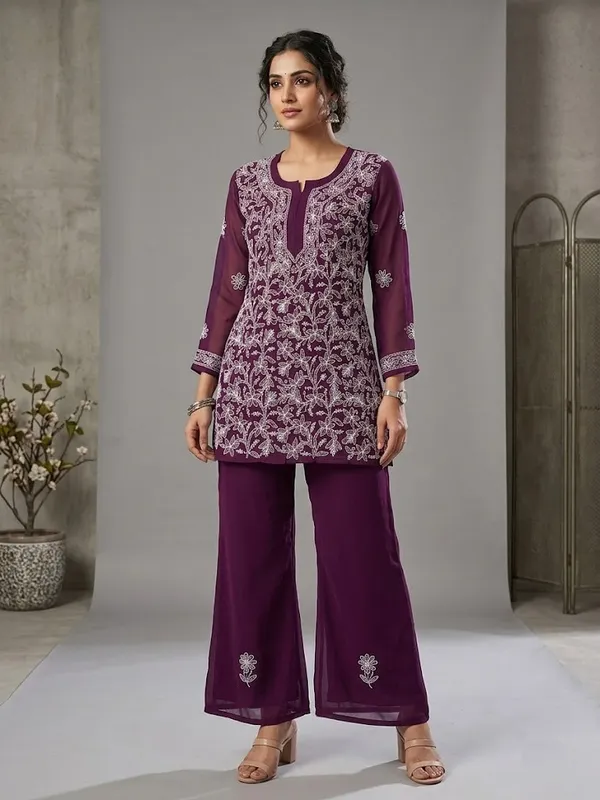 Wine_Georgette_Chikankari_Short_Kurti_With_Hand_Embroidery