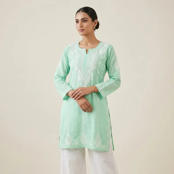 Mint_Green_Cotton_Chikankari_Embroidered_Kurti_For_Women