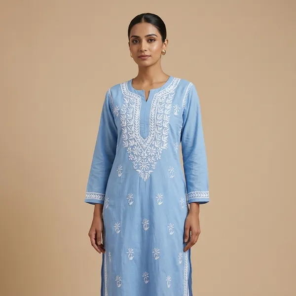Blue_Cotton_Chikankari_Embroidered_Straight_Kurta_For_Women