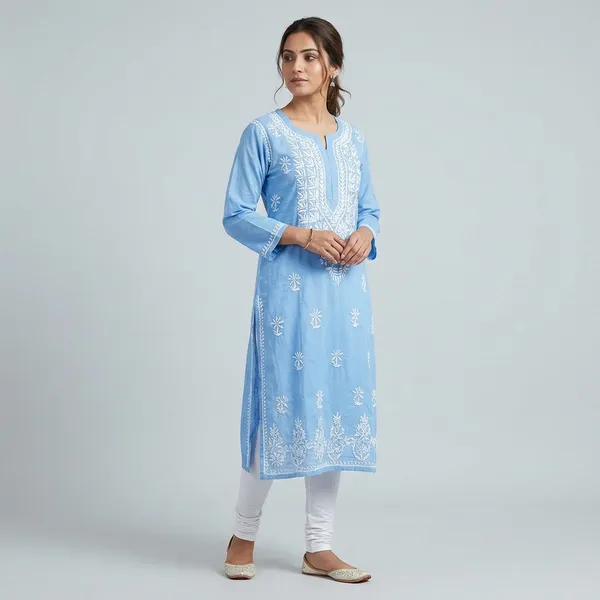 Blue_Cotton_Chikankari_Embroidered_Straight_Kurta_For_Women