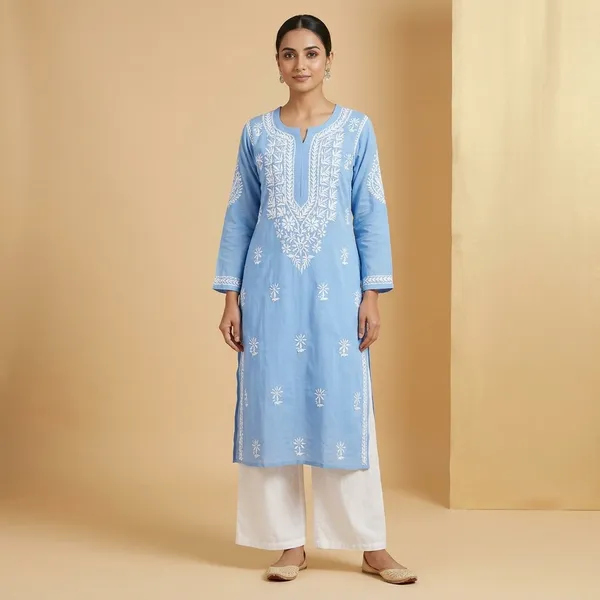 Blue_Cotton_Chikankari_Embroidered_Straight_Kurta_For_Women