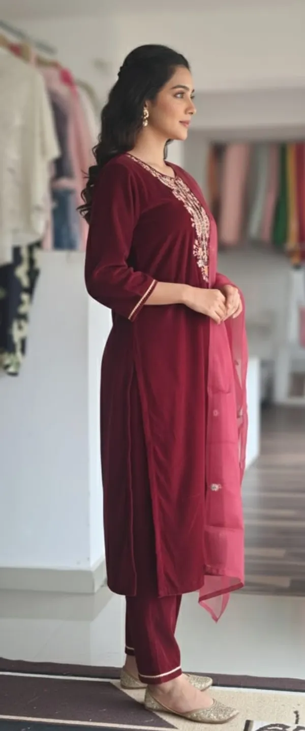 Maroon_Embroidered_Cotton_Kurta_Set_with_Chiffon_Dupatta_for_Women