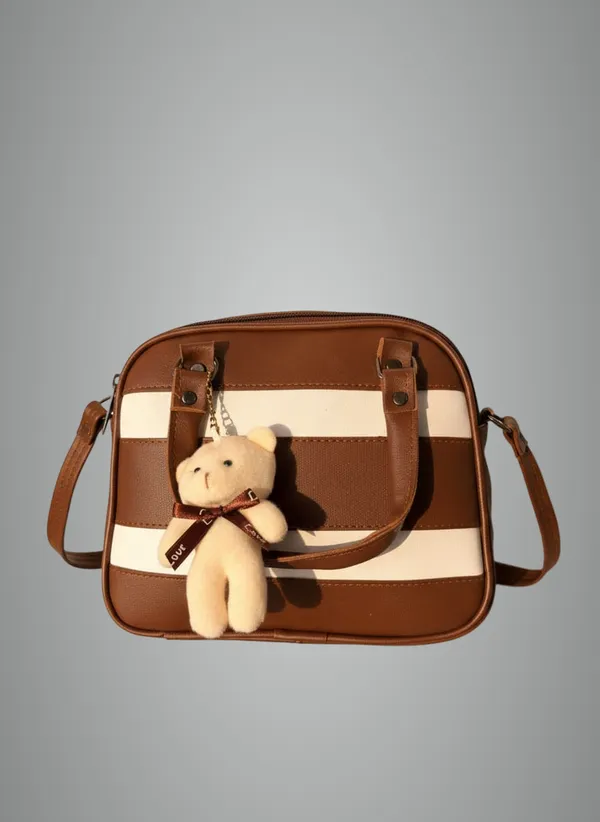 Striped_Brown_Handbag_with_Teddy_Bear_Keychain