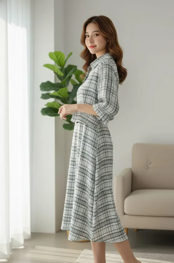 Gray_Checkered_Midi_Dress_for_Women