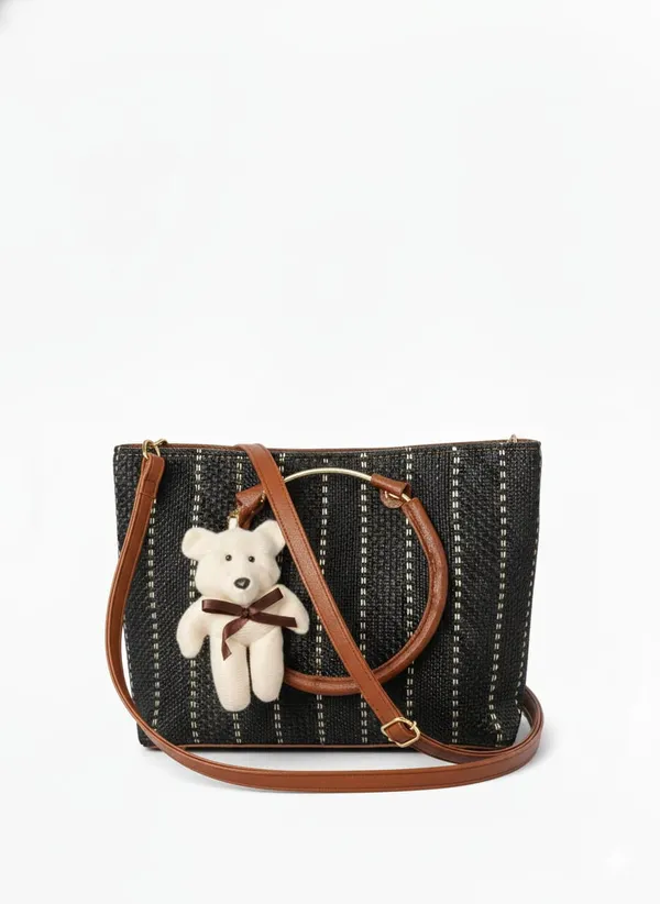 Classic_Black_Textured_Tote_Bag_with_Teddy_Charm