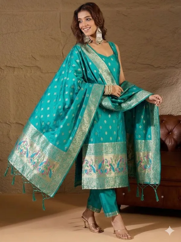 Teal_Silk_Dupatta_Set_with_Embroidered_Border_for_Women