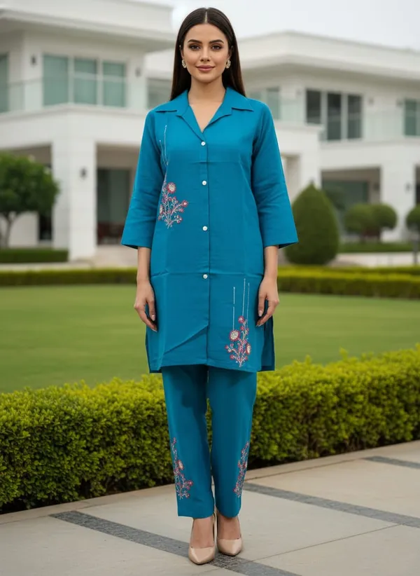 Teal_Embroidered_Kurta_Pant_Set