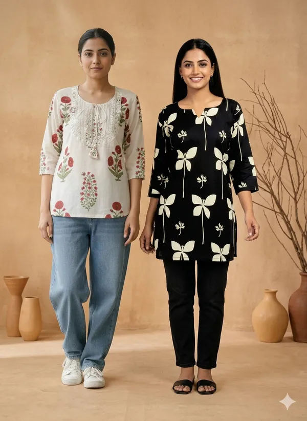 Pack_Of_2_-_White_Cotton_Kurti_And_Black_(Floral)_Cotton_Kurti_For_Women