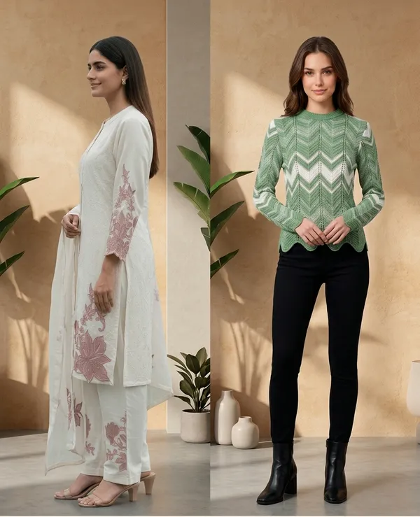 Pack_Of_2_-_White_Cotton_Kurta_Set_And_Green_Acrylic_Sweater