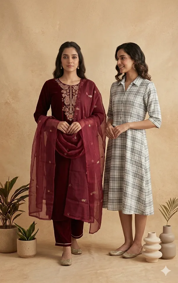 Pack_Of_2_-_Maroon_Velvet_Suit_Set_And_White_And_Green_Rayon_Dress