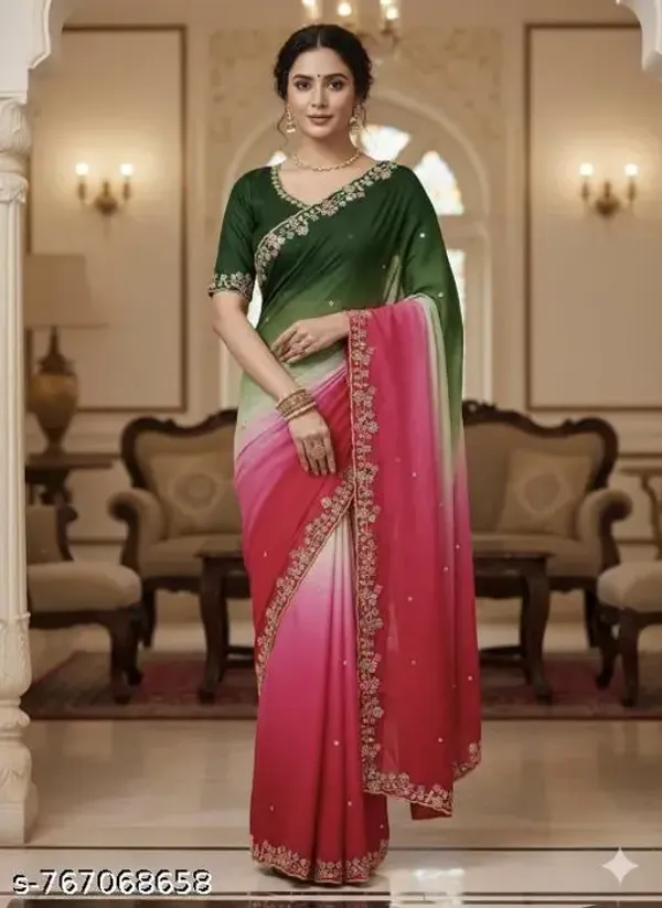 Multicolor_Pure_Georjette_Chiffon_Ombre_Saree_With_Multi_Sequence_Embroidery_Matching_Blouse