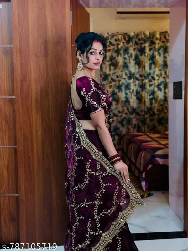 Wine_Premium_Women_Partywear_Designer_Beautiful_Florel_Design_Saree_With_Fancy_Blouse