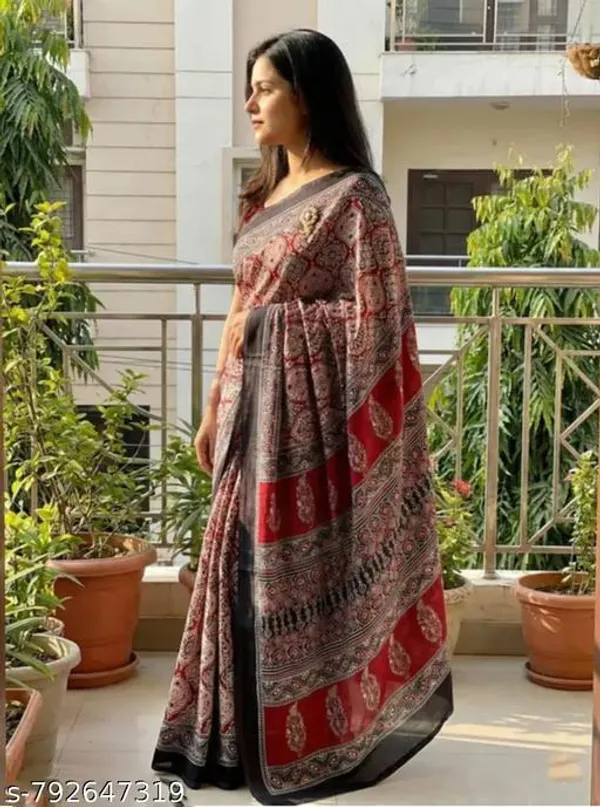 Red_And_Black_Special_Gaji_Soft_Ajrakh_Printed_Saree_With_Contrast_Unstished_Blouse