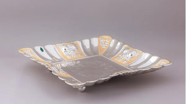 Decorative_Silver-Toned_Serving_Tray_With_Golden_Embellishments