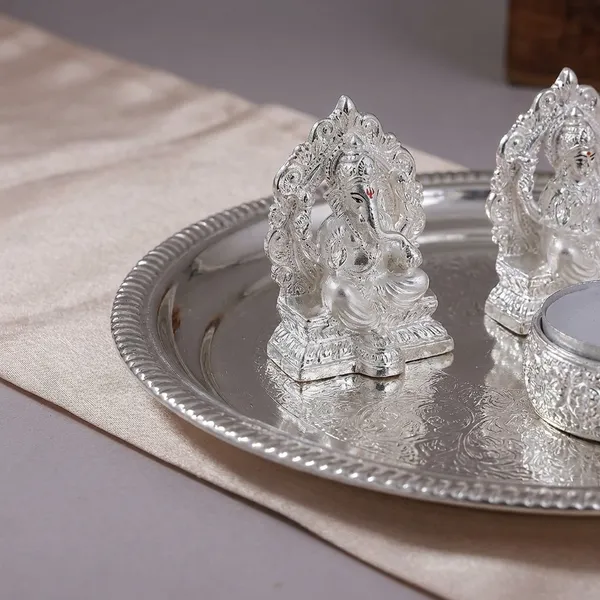 Silver-Plated_Pooja_Thali_Set_With_Lakshmi_Idols_And_Diya