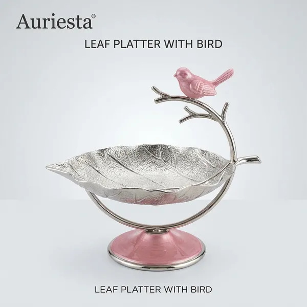 Auriesta_Decorative_Leaf_Platter_With_Bird_Figurine_-_Silver_Plated_Metal_Serving_Dish