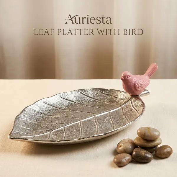 Auriesta_Decorative_Leaf_Platter_With_Bird_Figurine_-_Silver_Plated_Metal_Serving_Dish
