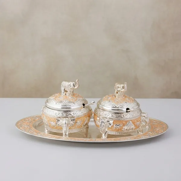 Silver-Plated_Engraved_Honey_Pot_Set_With_Tray_-_Set_Of_2_With_Spoons