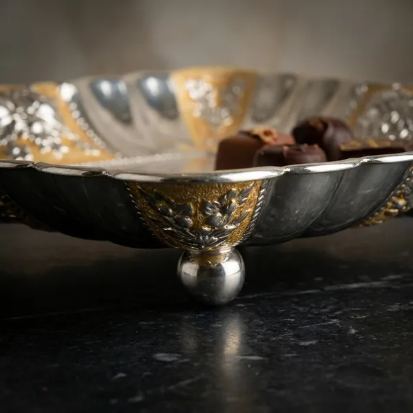 Decorative_Silver-Toned_Serving_Tray_With_Golden_Embellishments
