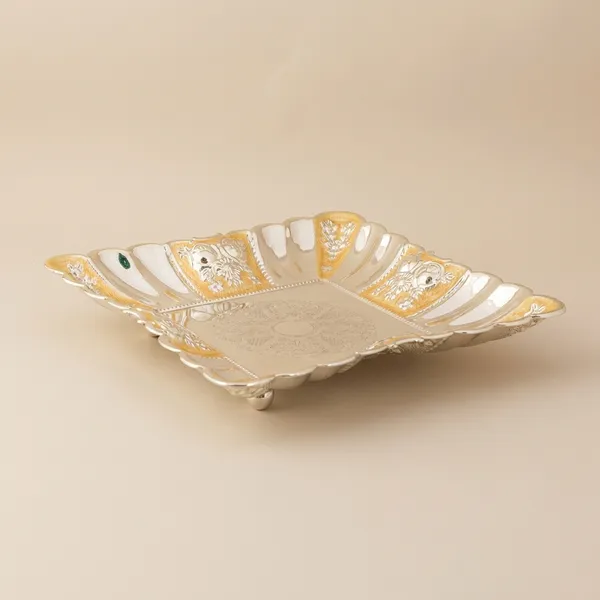 Decorative_Silver-Toned_Serving_Tray_With_Golden_Embellishments