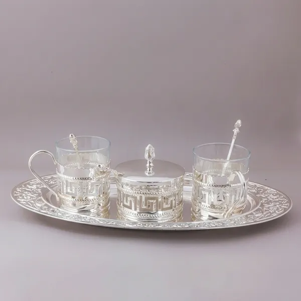 2_Glass_With_Pot_And_2_Spoon_Tray_With_2_Scarfing_-_Silver_Plated_Tea_Set