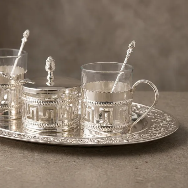 2_Glass_With_Pot_And_2_Spoon_Tray_With_2_Scarfing_-_Silver_Plated_Tea_Set
