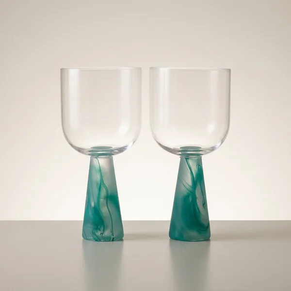 Frosted_Wine_Glasses_With_Turquoise_Geometric_Base_-_Set_Of_2