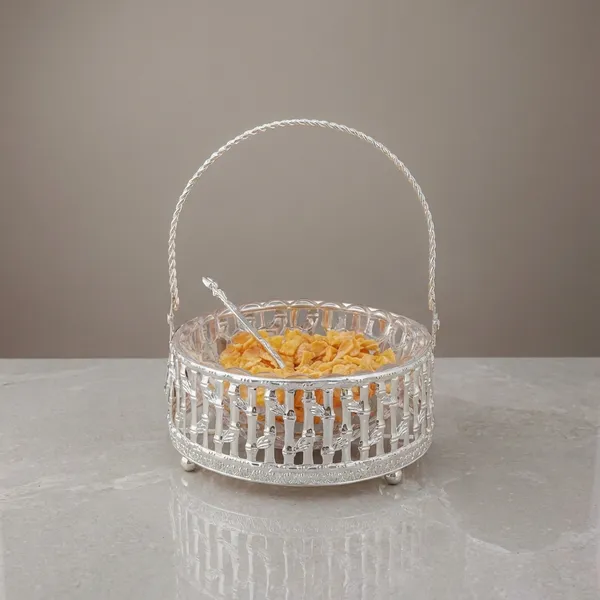 Elegant_Silver-Toned_Metal_Basket_With_Handle_And_Glass_Bowl