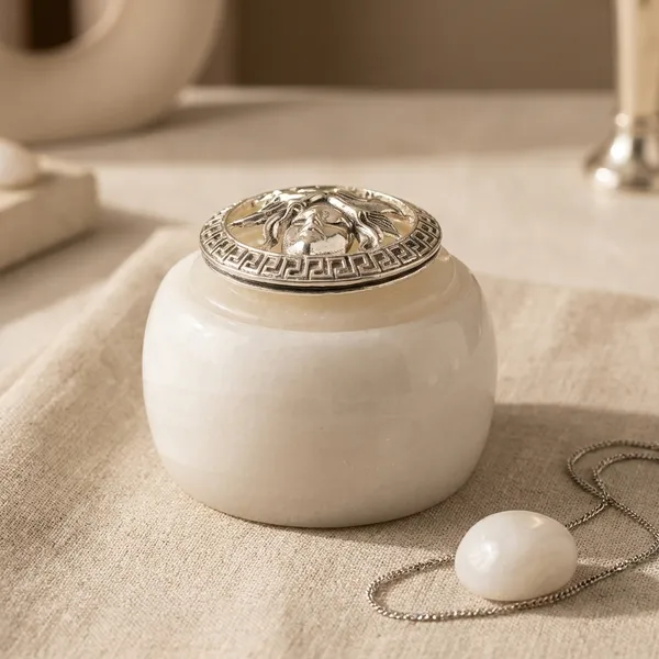 Semi_Precious_Stone_Jar_-_White_Ceramic_With_Decorative_Metal_Lid