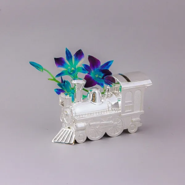 Silver-Plated_Train_Engine_Flower_Vase_With_Blue_Orchids