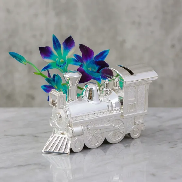 Silver-Plated_Train_Engine_Flower_Vase_With_Blue_Orchids
