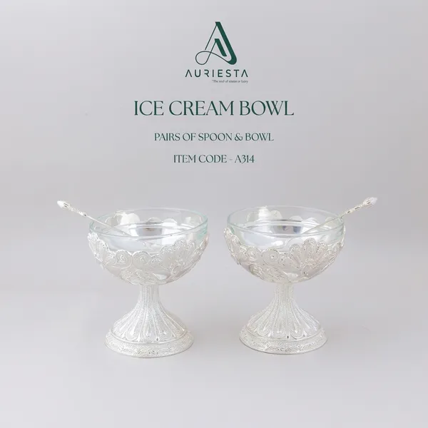 Auriesta_Ice_Cream_Bowl_-_Pair_Of_Spoons_&_Bowl_(Silver,_Item_Code:_A04)
